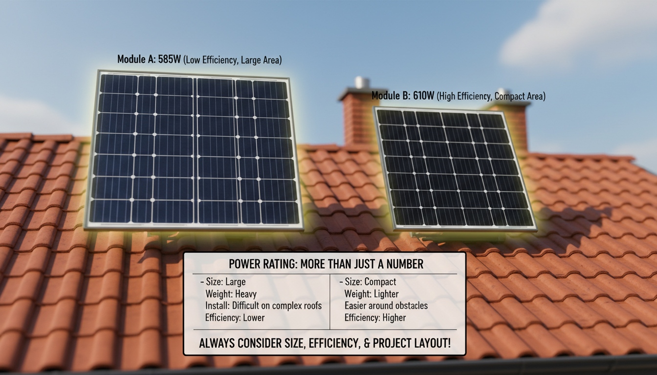 Comparison of 585W and 610W solar panels showing why power rating should be evaluated with size efficiency weight and rooftop layout